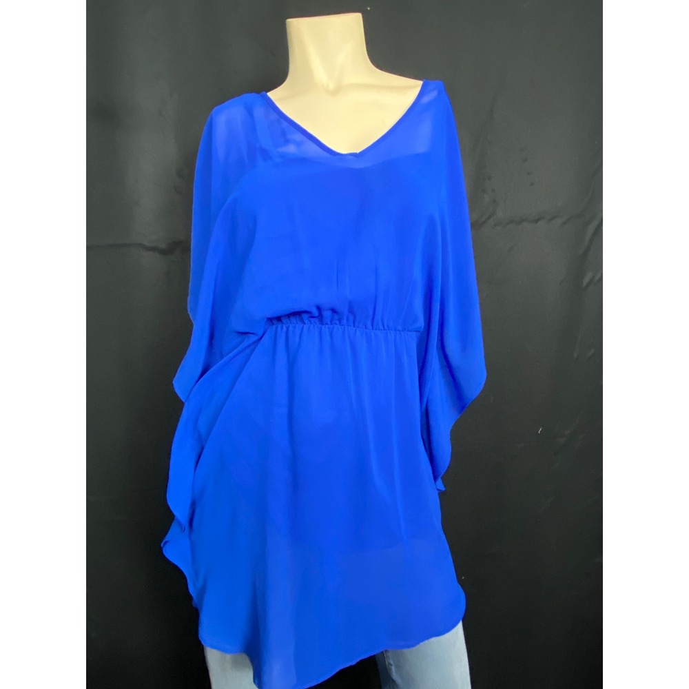 Express Women's Blue‎ V-Neck Kaftan Flowy Sheer Top Blouse XS TP